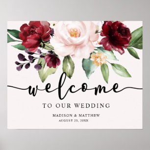 Poster Panneau de bienvenue de mariage floral bordeaux ro