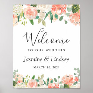 Poster Panneau de bienvenue de mariage floral Corail pêch