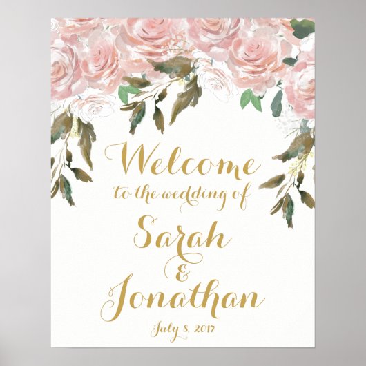 Poster Panneau de bienvenue de mariage floral de roses ro (Devant)