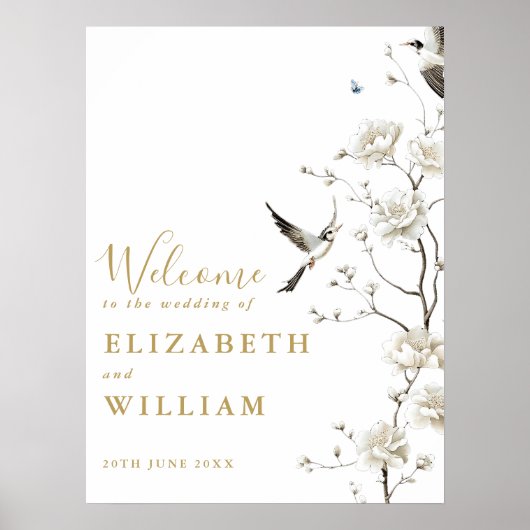 Poster Panneau de bienvenue de mariage floral en chinoise (Devant)