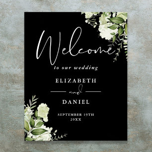 Poster Panneau de bienvenue de mariage floral en noir et