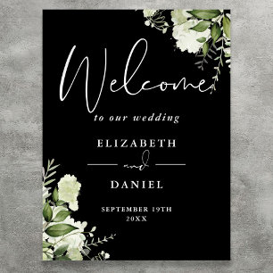 Poster Panneau de bienvenue de mariage floral en noir et