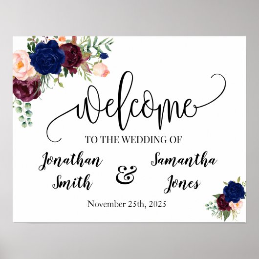 Poster Panneau de bienvenue de mariage floral marine burg (Devant)