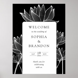Poster Panneau de bienvenue de mariage floral noir et bla