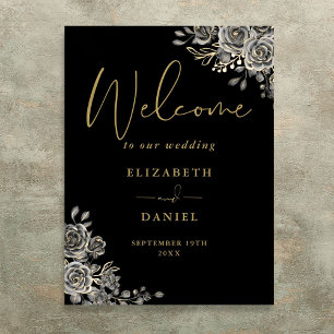 Poster Panneau de bienvenue de mariage floral noir et or