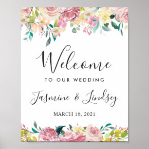 Poster Panneau de bienvenue de mariage floral rose