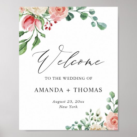 Poster Panneau de bienvenue de mariage floral rose aquare (Devant)