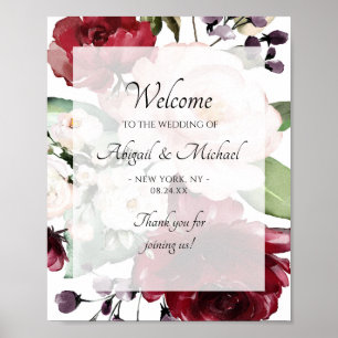 Poster Panneau de bienvenue de mariage floral violet pêch