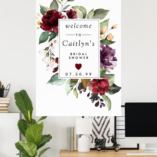 Poster Panneau de bienvenue de mariage floral violet roug (Bureau à domicile)