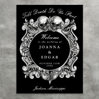 Poster Panneau de bienvenue de mariage gothique crânes no