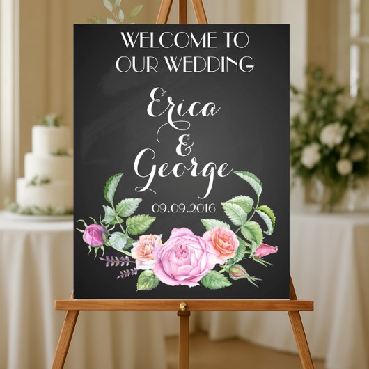 Poster Panneau de bienvenue de mariage modèle de rose flo