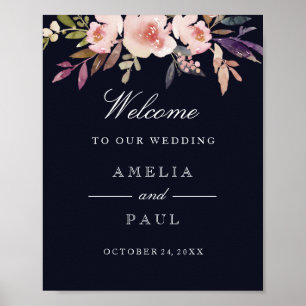 Poster Panneau de bienvenue de mariage Navy Rose pivoines