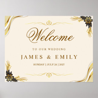 Poster Panneau de bienvenue de mariage noir et or élégant