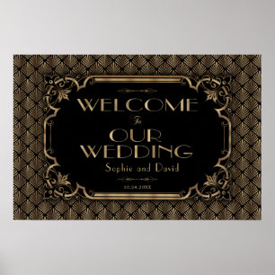 Poster Panneau de bienvenue de mariage noir or glamour