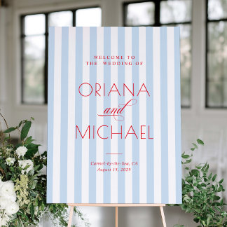 Poster Panneau de bienvenue de mariage rayé bleu avec pol