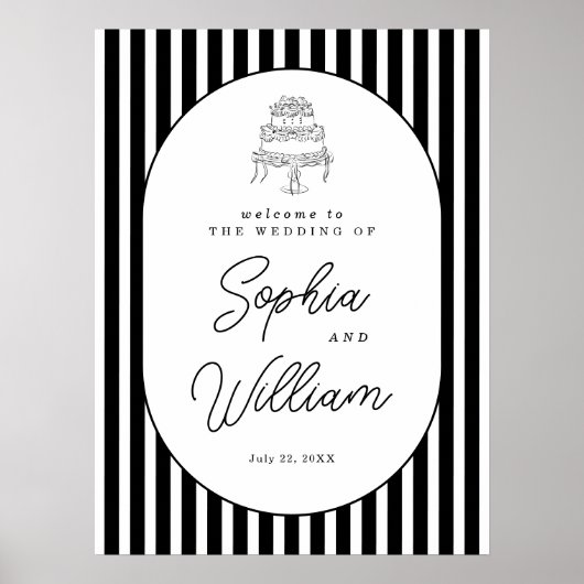 Poster Panneau de bienvenue de mariage rayé noir et blanc (Devant)