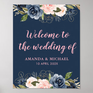 Poster panneau de bienvenue de mariage rose fleur de navi
