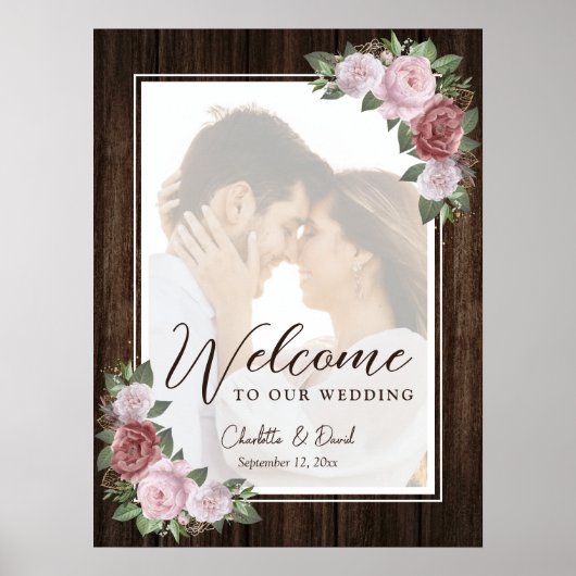 Poster Panneau de bienvenue de mariage rose pâle rustique (Devant)