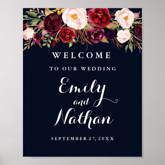 Poster Panneau de bienvenue de mariage rustique bordeaux (Devant)