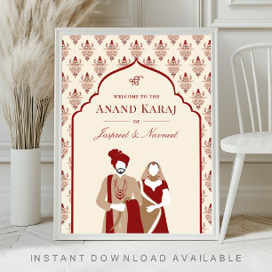 Poster Panneau de bienvenue de mariage Sikh Cream Red Ana
