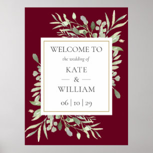 Poster Panneau de bienvenue de mariage vert Burgundy