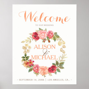 Poster Panneau de bienvenue des roses mariage en or rose 