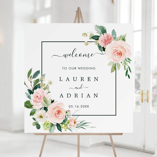 Poster Panneau de bienvenue du Mariage de fleurs rose vie