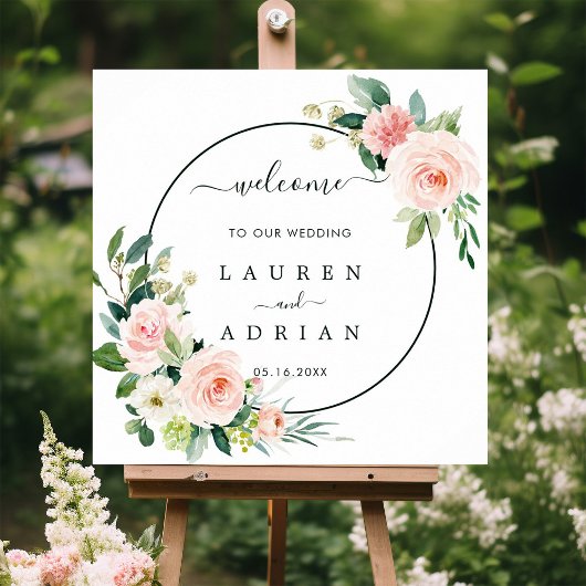 Poster Panneau de bienvenue du Mariage de fleurs rose vie