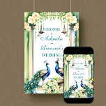 Poster Panneau de bienvenue du mariage indien Peacock jas<br><div class="desc">Peacock et jasmine mariage indien éditable affiche de bienvenue modèle digitale en téléchargement instantané,  deux paons dans le jardin de jasmin,  jasmine gajra et lampadaires vintages signe de bienvenue mariage pour un décor d'entrée mariage sur le thème du jardin de paon.</div>