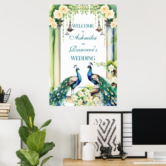 Poster Panneau de bienvenue du mariage indien Peacock jas (Bureau à domicile)