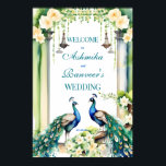 Poster Panneau de bienvenue du mariage indien Peacock jas<br><div class="desc">Peacock et jasmine mariage indien éditable affiche de bienvenue modèle digitale en téléchargement instantané,  deux paons dans le jardin de jasmin,  jasmine gajra et lampadaires vintages signe de bienvenue mariage pour un décor d'entrée mariage sur le thème du jardin de paon.</div>