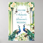 Poster Panneau de bienvenue du mariage indien Peacock jas<br><div class="desc">Peacock et jasmine mariage indien éditable affiche de bienvenue modèle digitale en téléchargement instantané,  deux paons dans le jardin de jasmin,  jasmine gajra et lampadaires vintages signe de bienvenue mariage pour un décor d'entrée mariage sur le thème du jardin de paon.</div>