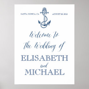 Poster Panneau de bienvenue du Mariage nautique, bleu mar