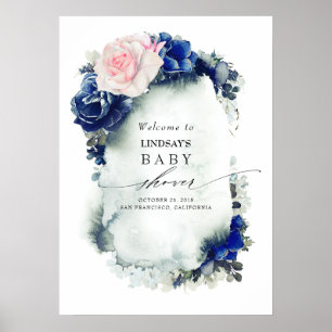 Poster Panneau de bienvenue floral aquarelle bleu marine