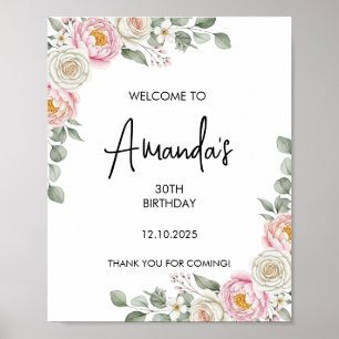 Poster Panneau de bienvenue floral rose élégant pour anni