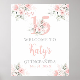 Poster Panneau de bienvenue floral rose Quinceanera