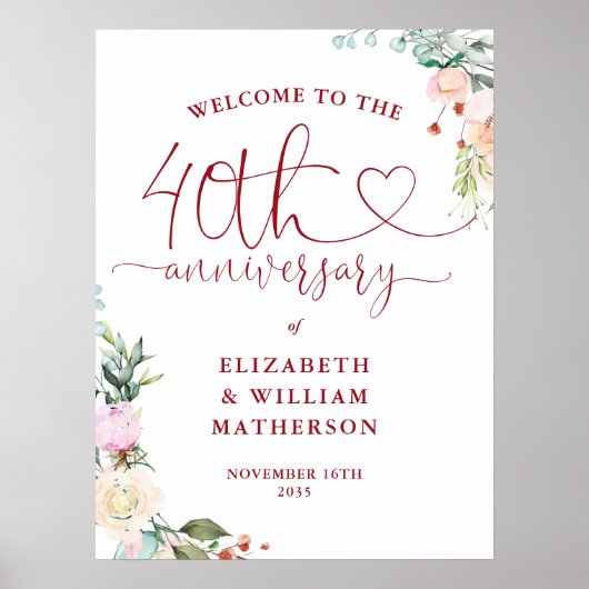 Poster Panneau de bienvenue floral Ruby Heart pour le 40e (Devant)