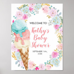Poster Panneau de Bienvenue Glace Crème Fleurs Pastel