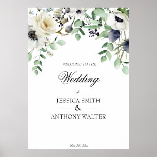 Poster Panneau de bienvenue mariage blanc fleuri
