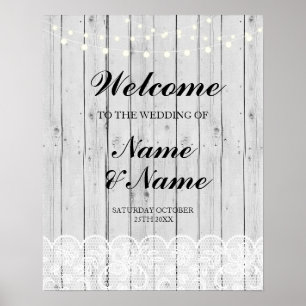 Poster Panneau de bienvenue mariage dentelle grise bois P
