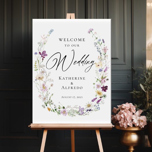 Poster Panneau de bienvenue mariage fleur sauvage d'aquar