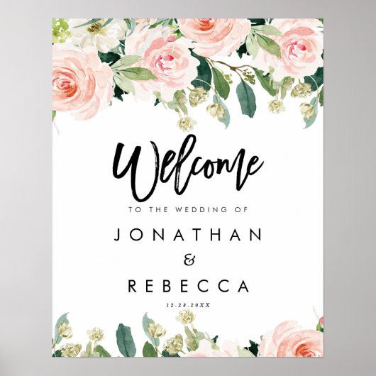Poster panneau de bienvenue mariage fleurs roses blush (Devant)