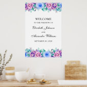Poster Panneau de bienvenue mariage floral. Bleu et viole (Cuisine)