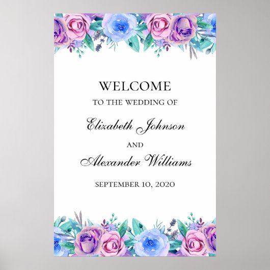 Poster Panneau de bienvenue mariage floral. Bleu et viole (Devant)