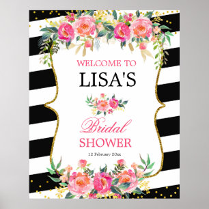 Poster Panneau de bienvenue noir blanc rayé rose floral