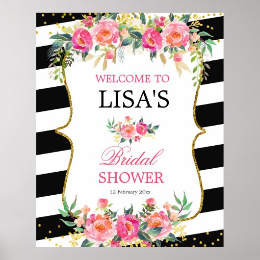 Poster Panneau de bienvenue noir blanc rayé rose floral (Devant)