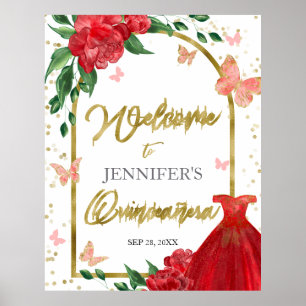 Poster Panneau de bienvenue Papillons de Quinceanera Robe