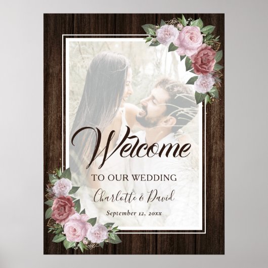 Poster Panneau de bienvenue photo floral en bois rustique (Devant)