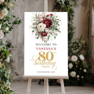 Poster Panneau de bienvenue pour 80 ans Bohemian Burgundy