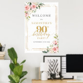Poster Panneau de bienvenue pour 90e anniversaire rose et (Bureau à domicile)
